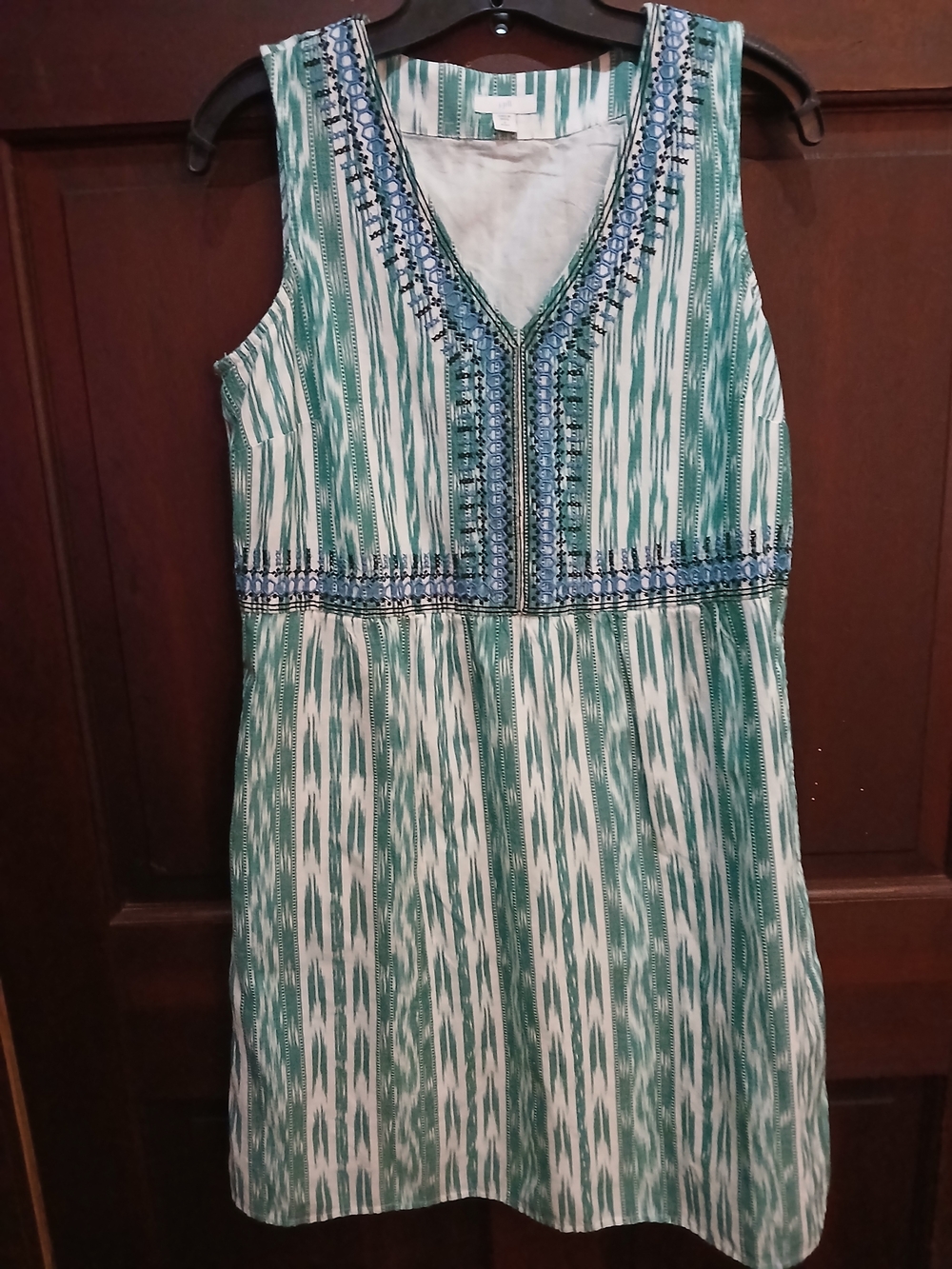 J. Jill Sleeveless Patterned V-Neck Dress with Embroider Trim Size Petite S
